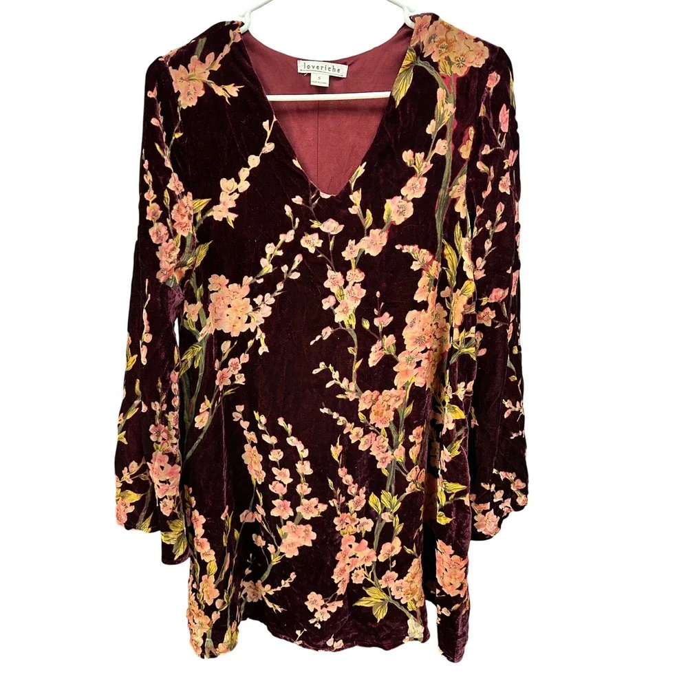 Loveriche Velvet Floral Dress Burgundy Pink Long Sleeve V Neck Mini Women's S‎